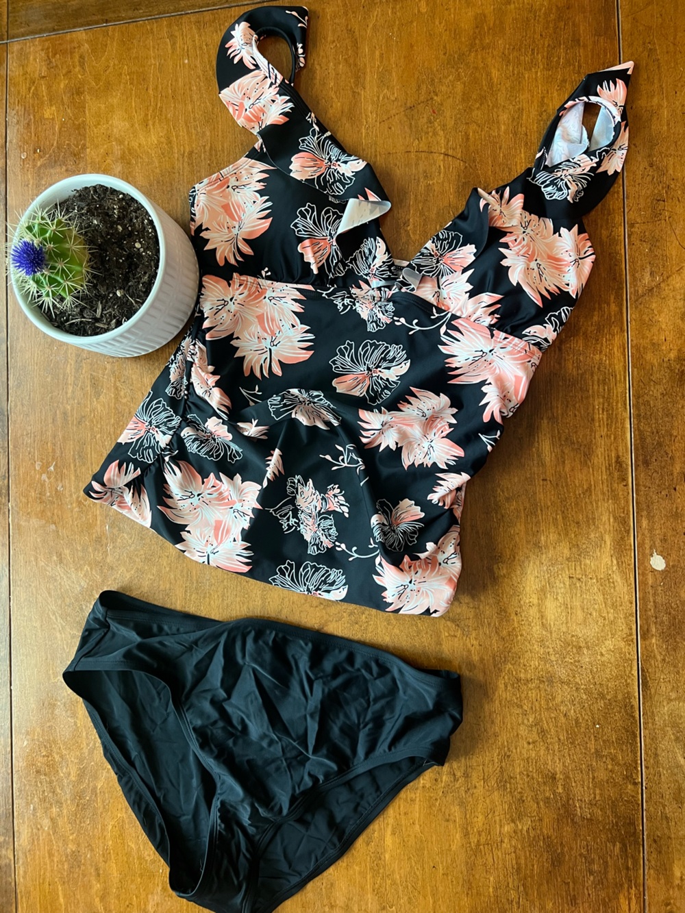 Hilor Black Floral Tankini Set | Swim Tank + Bottoms | Size 14/L | Modest Swim